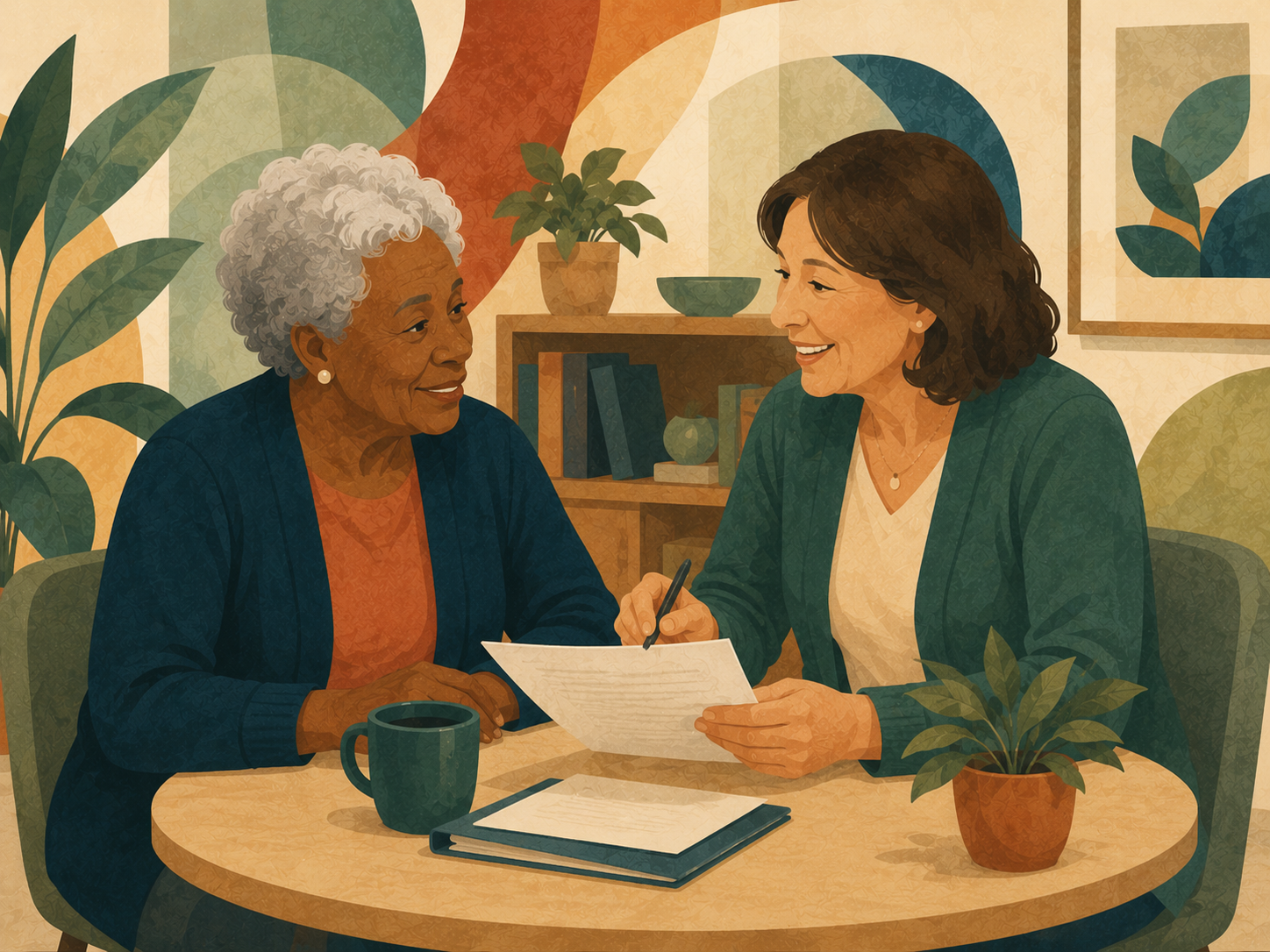 Staff member sitting one-on-one with a member at a desk