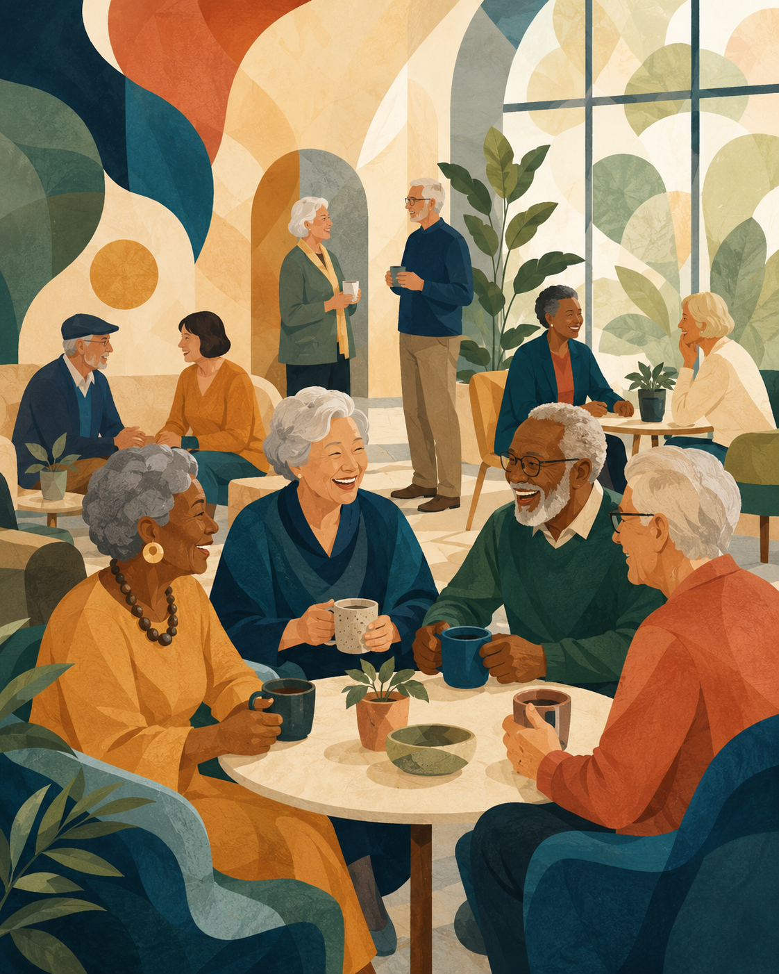 Members laughing together over coffee in the sunlit lounge