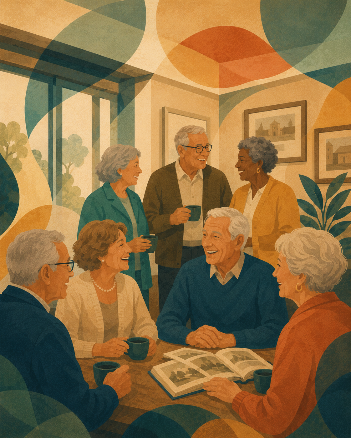 Members gathered around a table sharing coffee and looking through a photo album