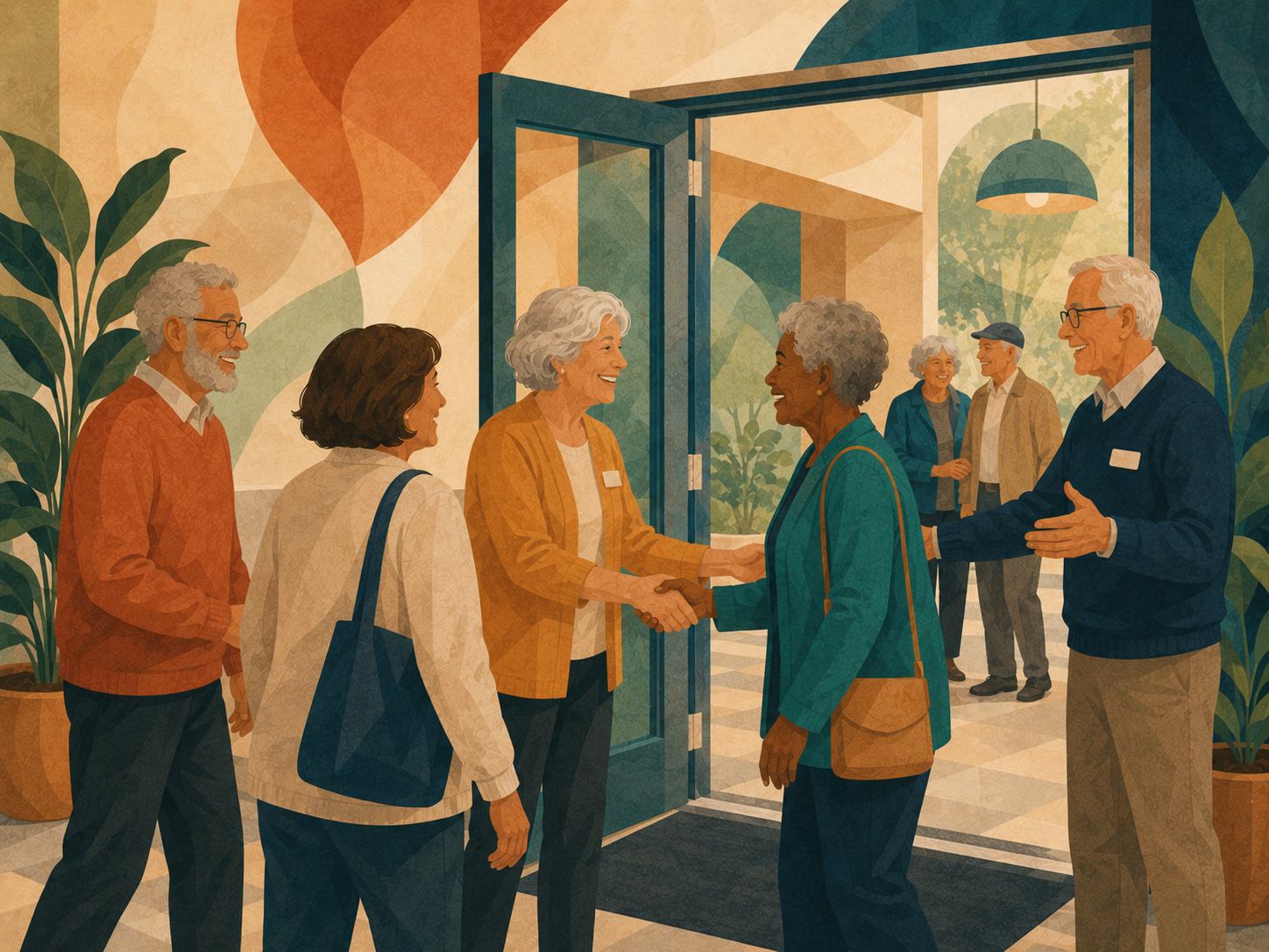Volunteers serving lunch and greeting members at the door